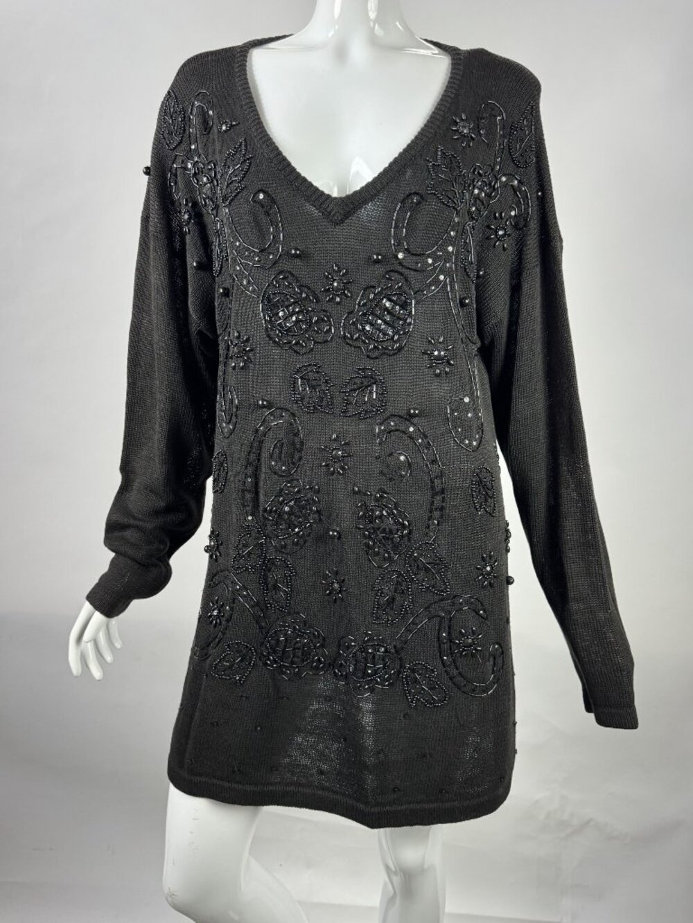 Vintage 80s Jessica Stevens Black Beaded Embellished Long Sleeve Sweater Dress M